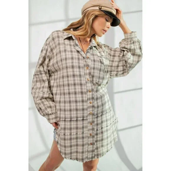 The Perfect Plaid Oversized Mineral Washed Shirt in Natural - Picture 1 of 5